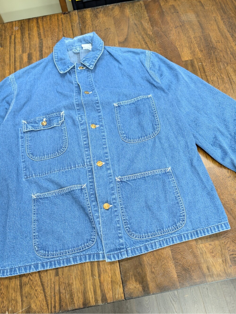 Vintage Carhartt Blue Denim Chore Coat Script Buttons 70s L